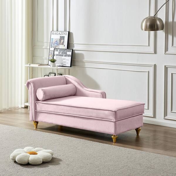 Modern Pink Soft Velvet Chaise Lounge with Hidden Storage and Gold Metal Legs