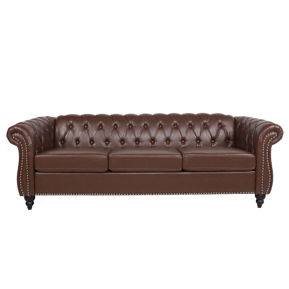84 in. Chesterfield Rolled Arm Leather Rectangle Straight Reclining Sofa in Dark Brown