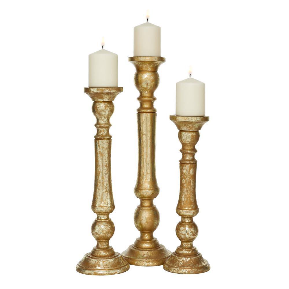 Classic Bronze and Wood Pillar Candle Holders Set of 3