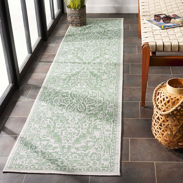 Bermuda Green/Ivory 2 ft. x 8 ft. Border Medallion Ornate Indoor/Outdoor Runner Rug