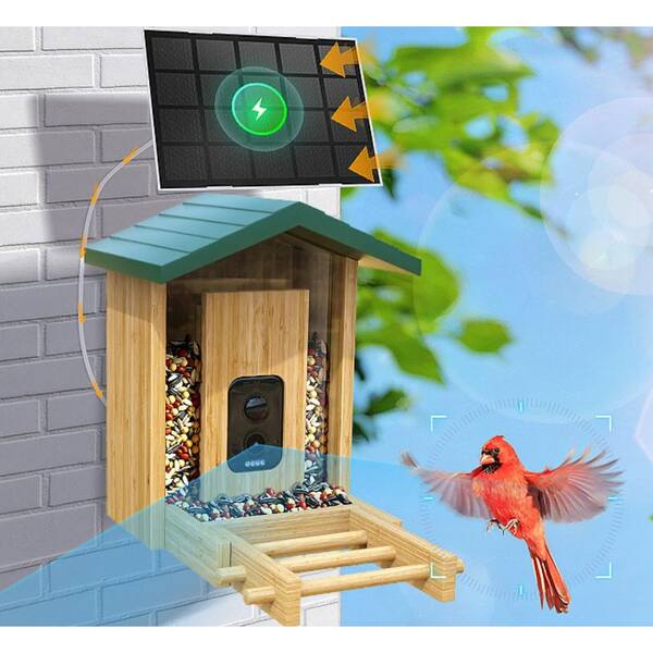 Justincity Bamboo Bird Feeder Smart Solar-Powered Bird Feeder