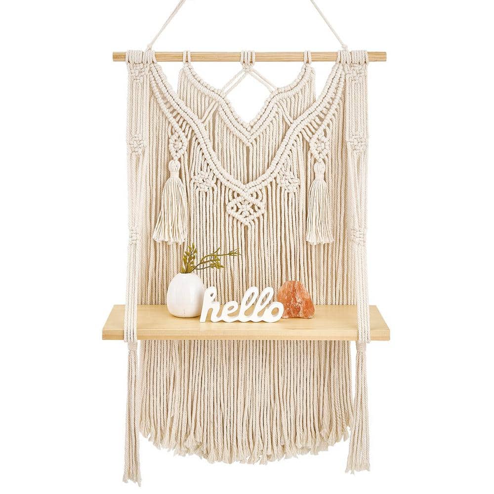 Wall Hanging Shelf Boho Decor Wood Floating Shelf, Handmade Woven Rope Stor