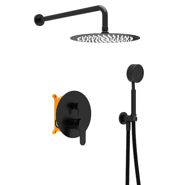 Unbranded 2-Spray Patterns with 2.5 GPM 10 in. Wall Mount Dual Shower Heads and Handhold Shower with Valve in Black
