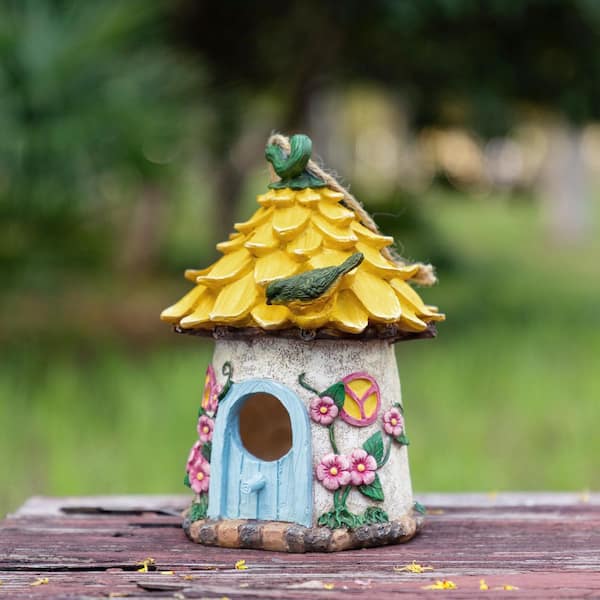 Glitzhome 9 in. H Resin Yellow Roof Outdoor Garden Birdhouse
