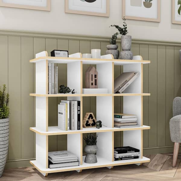Polifurniture EcoFriendly Aurora 35.25 in. Tall White and Light Walnut Wood 4-Shelf Standard Bookcase