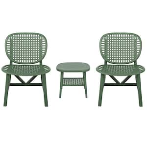 3-Piece Plastic Outdoor Bistro Set, Table with Open Shelf and Lounge Chairs with Widened Seat for Balcony, Garden, Green