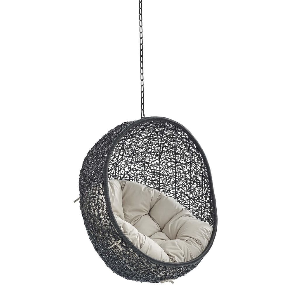 Encase Black Wicker Rattan Outdoor Patio Swing Chair with Hanging Steel Chain and Beige Cushion