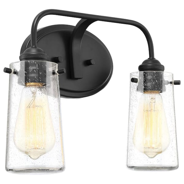 Kira Home Rayne 14 in. 60-Watt 2-Light Matte Black Modern Vanity Light with Clear Seeded Shade