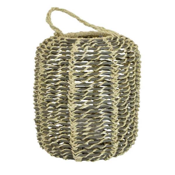 Benjara Beige and Gray Polyurethane Cylindrical Shape Tabletop Decor Lantern with Woven Fiber Frame