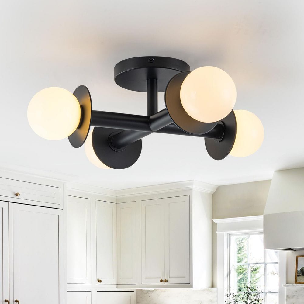 18 in. 4-Light Matte Black Modern Semi-Flush Mount Ceiling Light with White Glass Globe Shades price history on PriceWatchPro