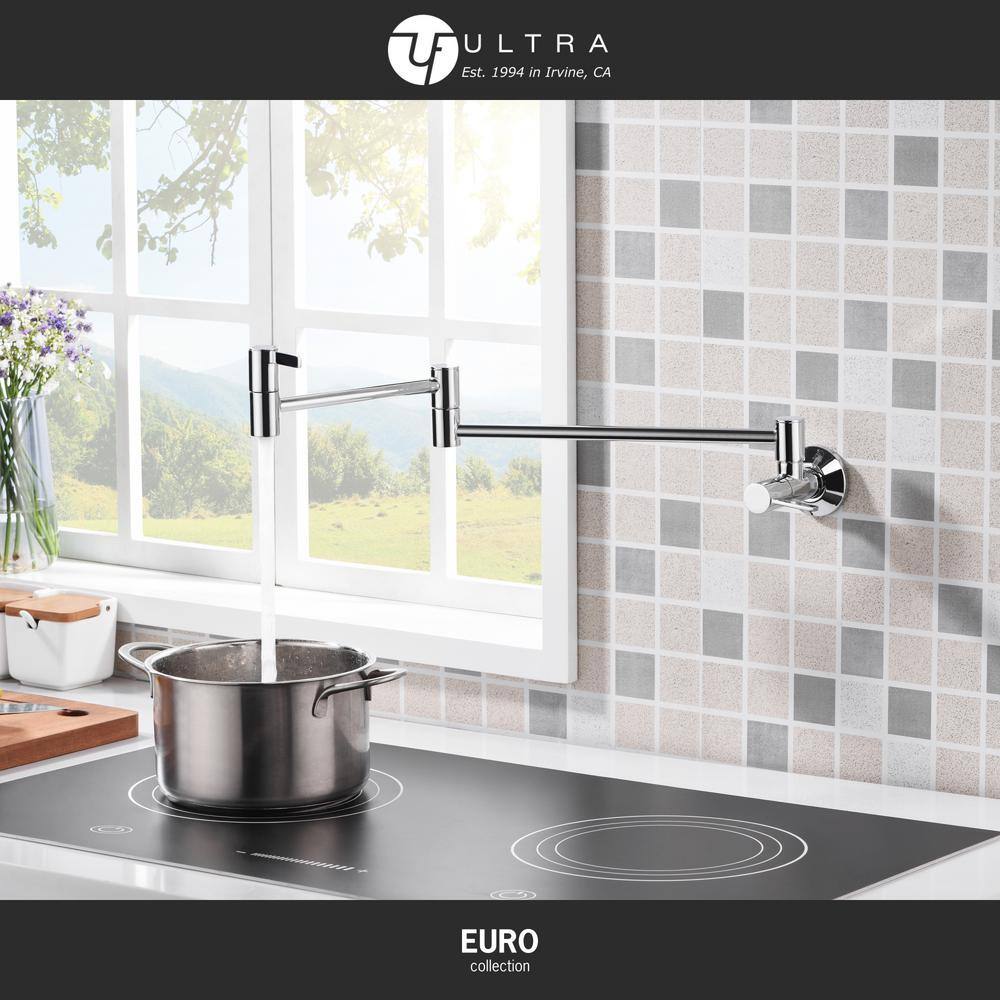 Polished Chrome Wall-Mount Pot Filler Faucet with Dual Ceramic Discs