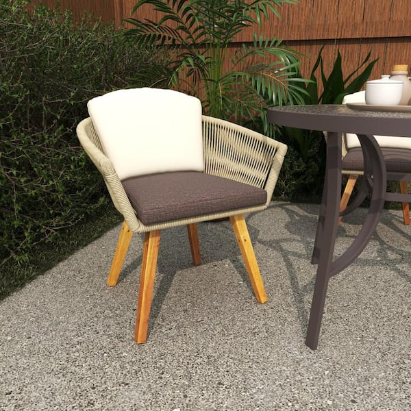 Litton Lane Light Brown Woven Rope Wood Outdoor Dining Chair with Polyester Cushions and Slender Tapered Legs (2- Pack)