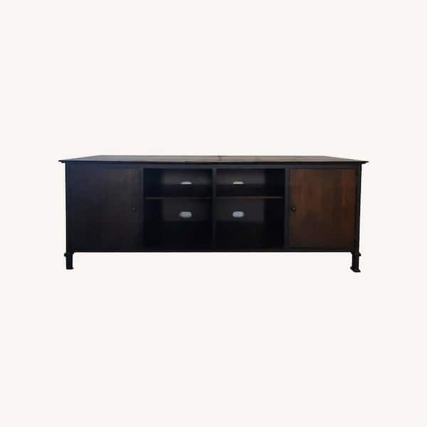 Benjara 19 Inches Brown Wood and Metal Frame TV Stand with 4 Open Compartments Fits TV's up to 72 in.