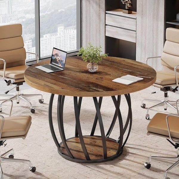BYBLIGHT Moronia 46 in. Round Rustic Brown Wood Computer Desk with Sturdy Metal Base, Small Office Meeting Table for 4-6 People