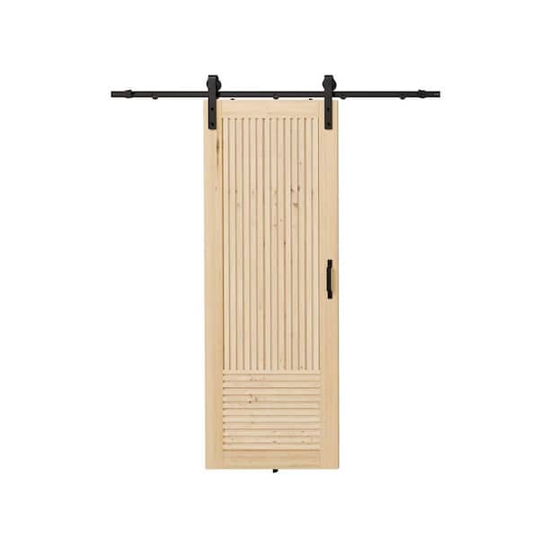 30 in. x 84 in. Natural Pine Fluted, Vertical and Horizontal Slat, Unassembled Wood Sliding Barn Door with Hardware Kit