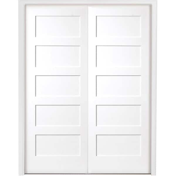 Steves & Sons 48 in. x 80 in. 5-Panel Shaker White Primed Solid Core Wood Double Prehung Interior Door with Bronze Hinges