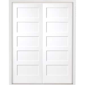 48 in. x 80 in. 5-Panel Shaker White Primed Solid Core Wood Double Prehung Interior Door with Nickel Hinges