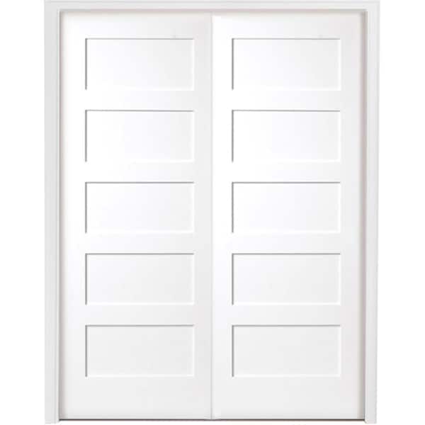 Steves & Sons 48 in. x 80 in. 5-Panel Shaker White Primed Solid Core Wood Double Prehung Interior Door with Nickel Hinges