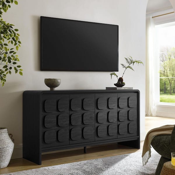 Toscana Black Wood in 61 in. Sideboard-High TV Stand Media Console-Buffet Cabinet With 4 Circular Pattern Doors