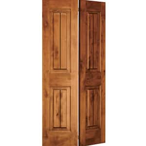 30 in. x 80 in. Rustic Knotty Alder 2 Panel Square Top w/V-Grooves Solid Core Unfinished Wood Interior Bi-Fold Door