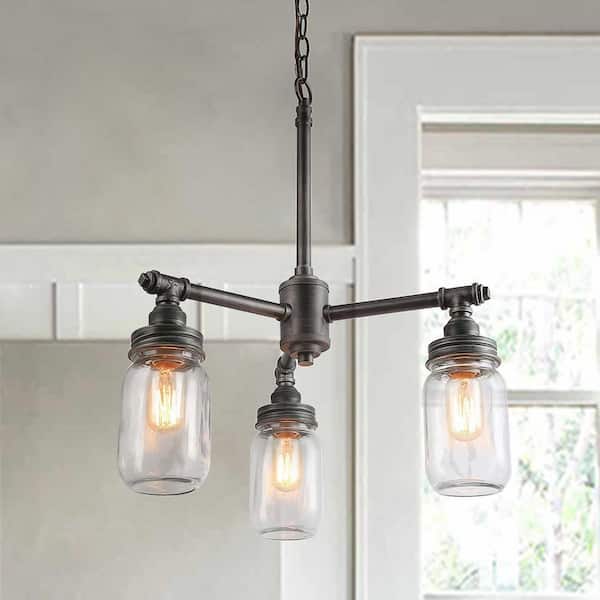 LNC Vasei 16.9 in. 3-Light Rustic Pewter Chandelier with Modern Industrial Dark Gray Accents and Clear Mason Jar Glass Shade