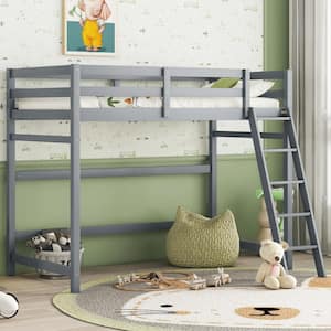 Gray Twin Size Wood Loft Bed with Sloping Ladder, Spacious Under-bed Area, Full-Length Guardrails