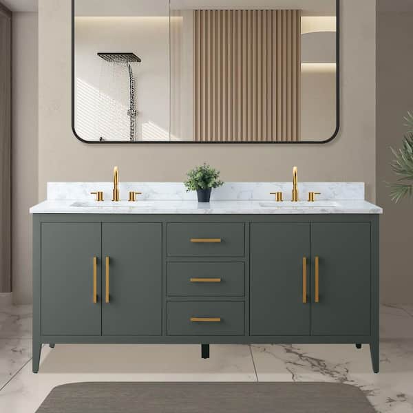 72 in. W x 22 in. D x 34 in. H Double Sink Bathroom Vanity Cabinet in Vintage Green with Engineered Marble Top