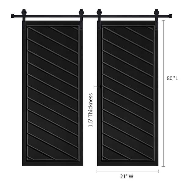 Double Modern Framed Twill 21 in. x 80 in. MDF Black Barn Sliding Door With Hardware kit