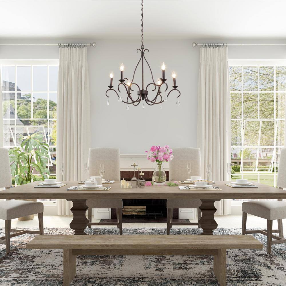 Rustic Bronze 6-Light Candle Chandelier with Crystal Drops
