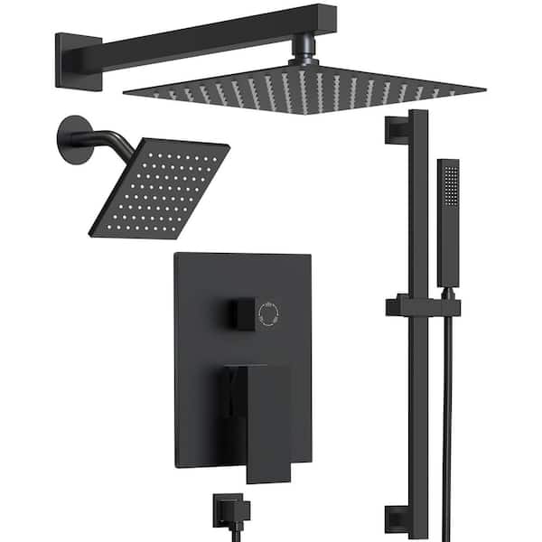 10 in. and 6 in. Square Shower System 3-Spray Dual Wall Mount Fixed and Handheld Shower Head 2.5 GPM in Matte Black