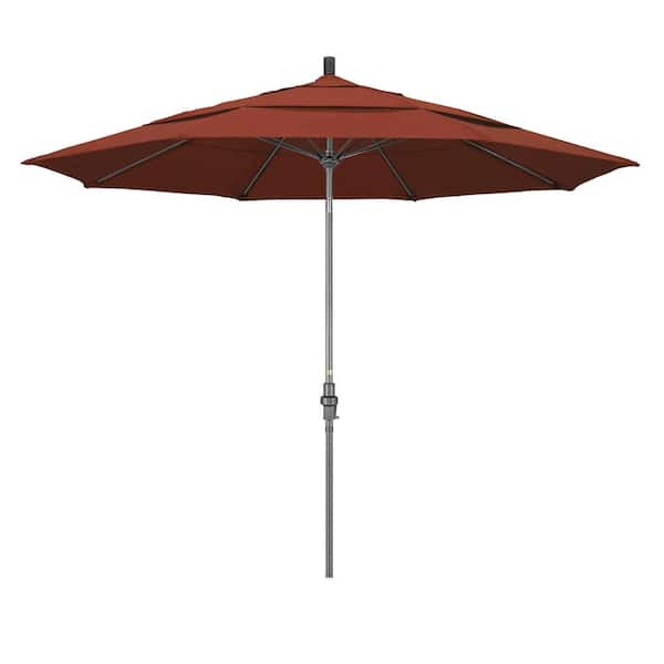 California Umbrella 11 ft. Hammertone Grey Aluminum Market Patio Umbrella with Collar Tilt Crank Lift in Terracotta Olefin