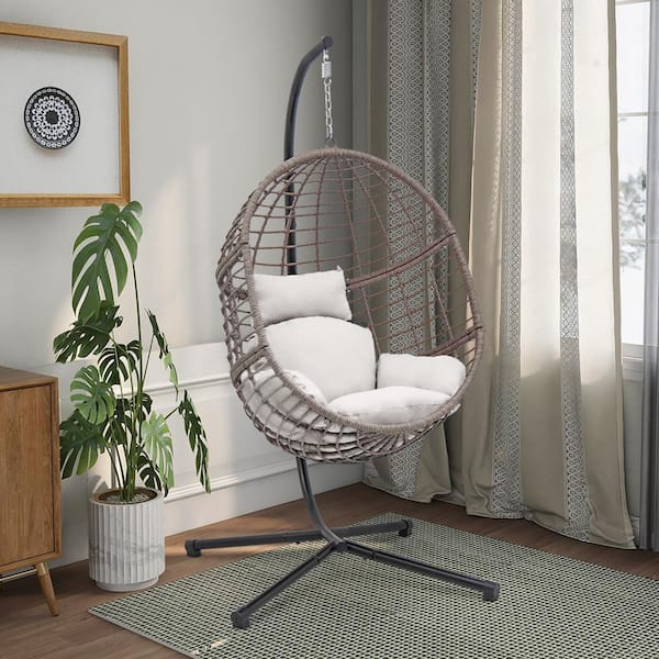 Maypex 78 in. 1-Person Gray Wicker Patio Swing Chair with White Cushion and Stand