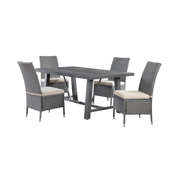 Ernesto Grey 5-Piece Poly Wood Rectangle Standard Height Outdoor Dining Set with 4 Grey Cushion Wicker Chairs