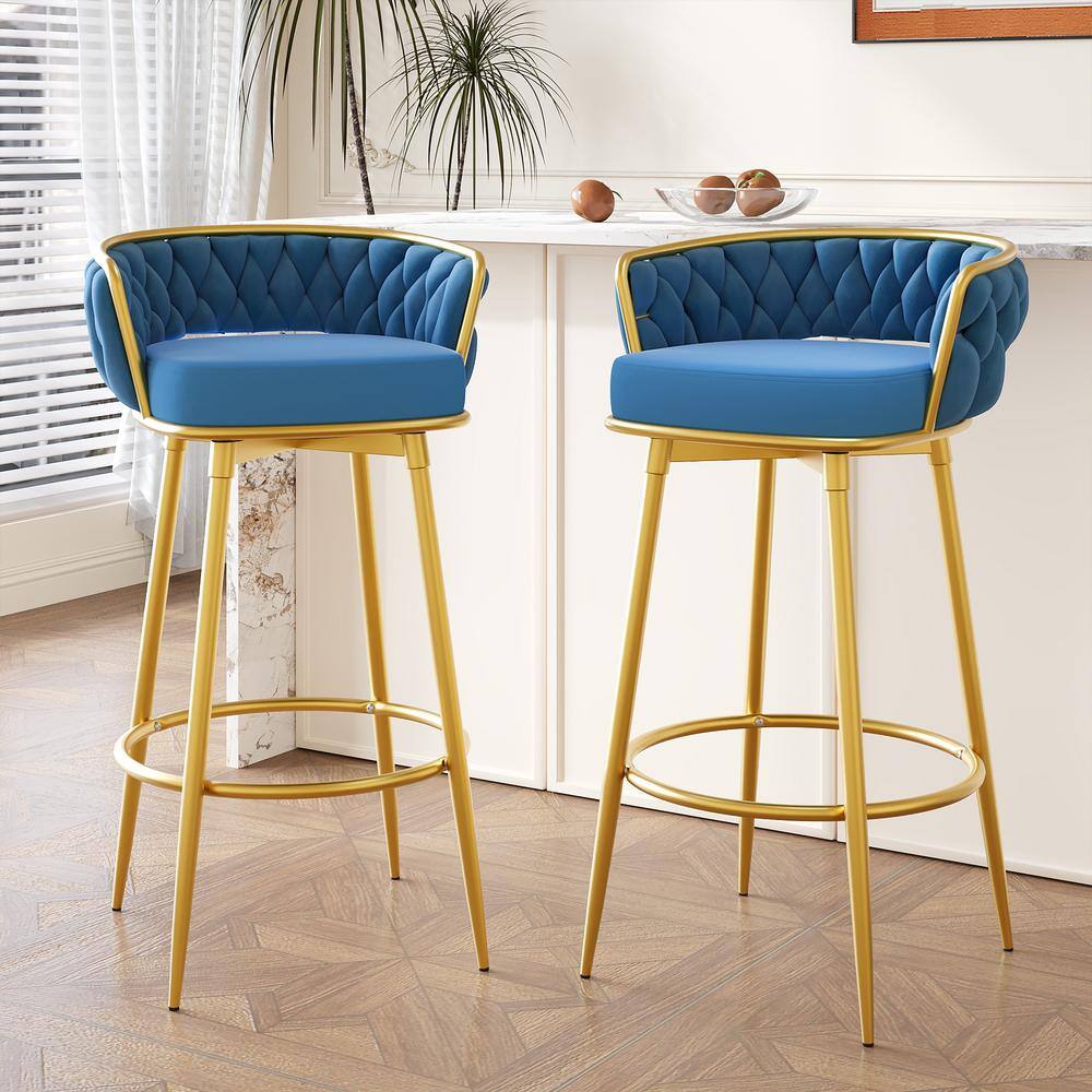 Harper Bright Designs Swivel 180 Degrees 31.5 in. Blue Low Back Metal Bar Stool with Velvet Seat Set of 2 Hand Woven Backrest NH762001C The Home