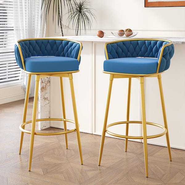 Swivel 180 Degrees 31.5 in. Blue Low Back Metal Bar Stool with Velvet Seat Set of 2, Hand-Woven Backrest