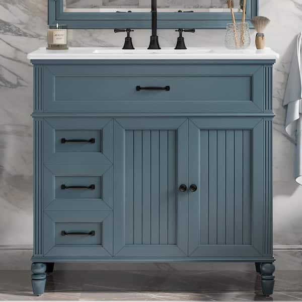 36 in. Single Sink Freestanding Blue Bath Vanity with White Ceramic Top