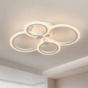 22 in. White Modern Integrated LED 4 Rings Circle Semi- Flush Mount Ceiling Light with Remote Control for Living Room