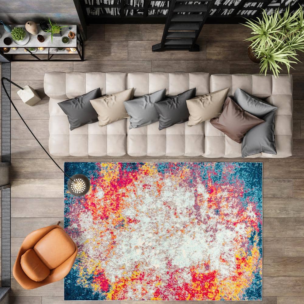 Modern Abstract Cream/Blue Synthetic 5'x8' Easy-Care Area Rug