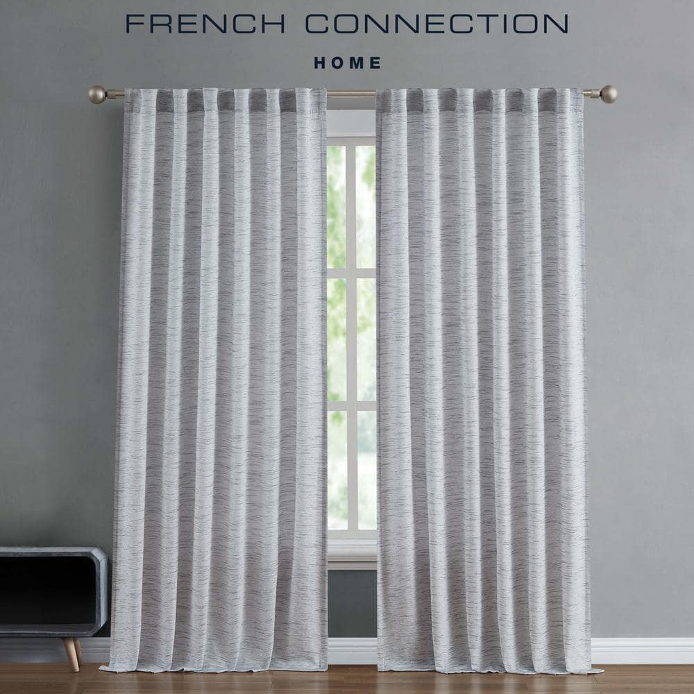 French Connection Misty Blue Faux Linen Light Filtering 52 in. x 96 in. Back-Tab Tiebacks Curtain (2 Panels and 2 Tiebacks)