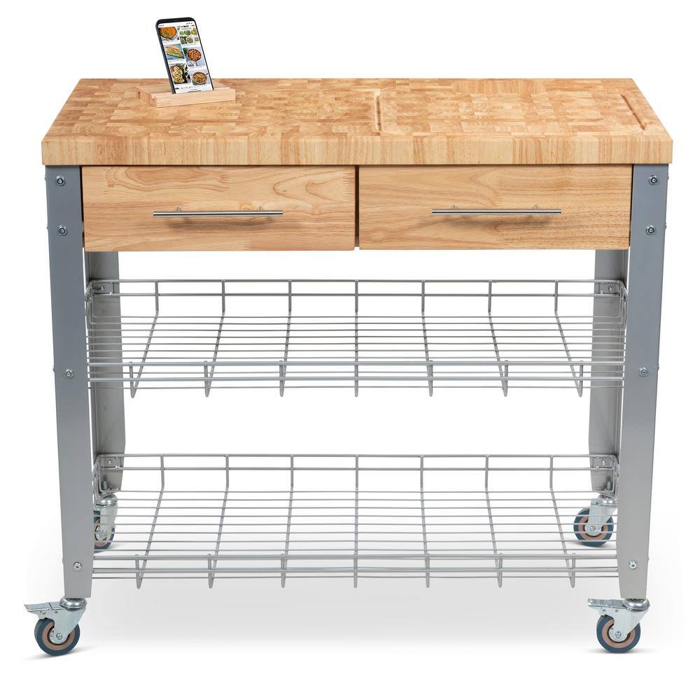 Natural Wood and Metal Kitchen Cart with Spice Rack