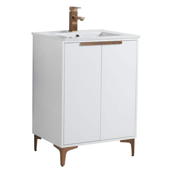 FINE FIXTURES 24 in. W x 18.5 in. D x 35.25 in. H Bath Vanity in White Matte with Rose Gold Hardware and White Ceramic Sink top