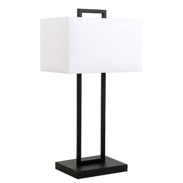 HomeRoots 28 in. White Modern Integrated LED Bedside Table Lamp with White Fabric Shade