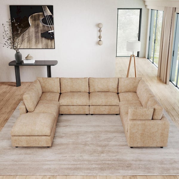 Modular Cloud Couch, 134 in. Square Arm 8-Piece Chenille U-Shaped Sectional Sofa with Ottoman, Washable Covers in. Khaki