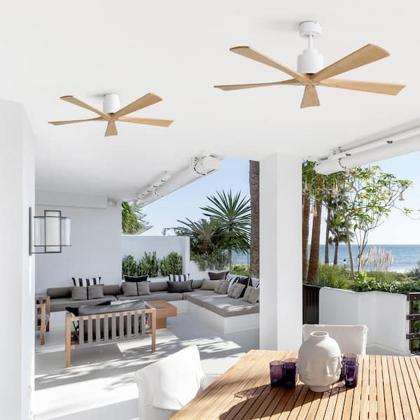 52 in. Indoor/Outdoor Matte White Modern Ceiling Fan with 5 Wood Fan Blades and DC Motor Downrod Remote Included