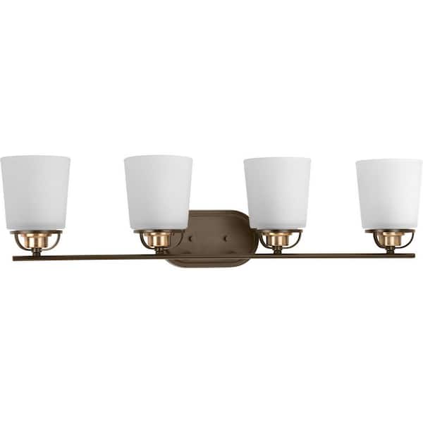 Progress Lighting West Village Collection 4-Light Antique Bronze Etched Double Prismatic Glass Farmhouse Bath Vanity Light