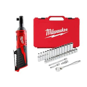 M12 12V Lithium-Ion 3/8 in. Cordless Ratchet with 3/8 in. Drive Metric Ratchet and Socket Mechanics Tool Set (32-Piece)