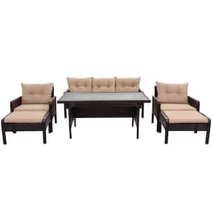 Rouela 6-Piece Wicker Rectangle Standard Height Outdoor Dining Set with Light Coffee Cushions