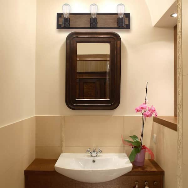 23 in. 3-Light Light Bronze Industrial Vanity with Weathered Oak Accents