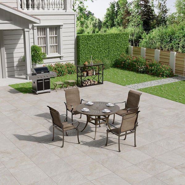 48 in. W Brown Cast Aluminum Outdoor Patio Round Dining Table with Retro Table Top and Umbrella Hole