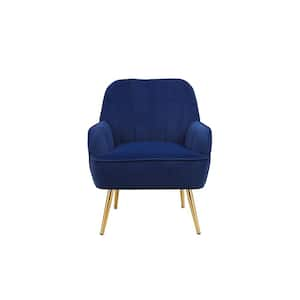 Gold Iron Wood Outdoor Lounge Chair with Navy Velvet Cushions for Living Room, Bedroom, Office